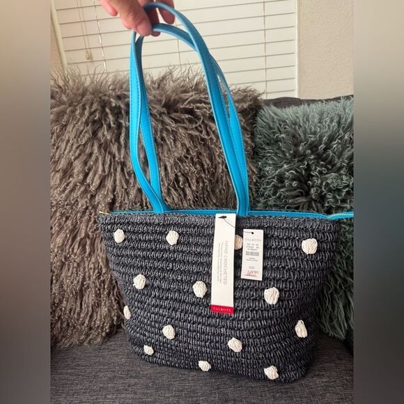Talbots Navy Blue w/White Dots Raffia Shoulder Bag - Picture 3 of 13